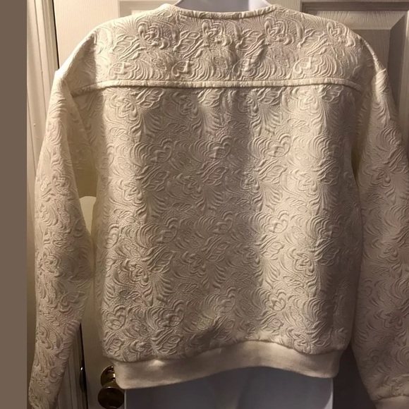 MUSTARD SEED Bomber Jacket Floral Off white Coat Textured Knit Snap silver close - Picture 4 of 8